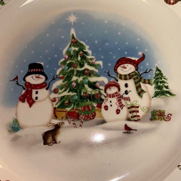 Christmas Snowman Themed Stoneware Individual Plate Red Band Holly EUC - Picture 3 of 8